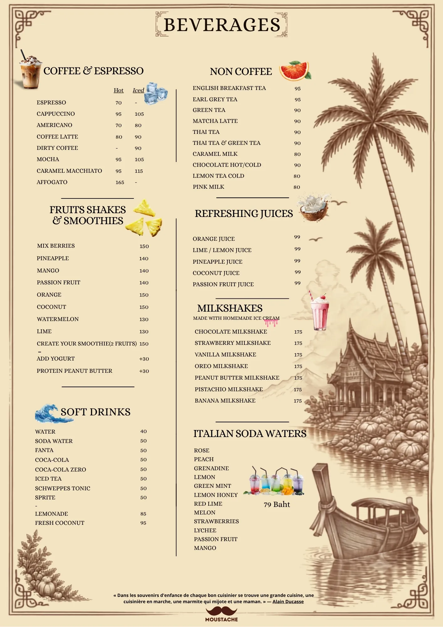 Menu page: beverages, coffee and espresso, teas, smoothies, juices, milkshakes, soft drinks, Italian sodas