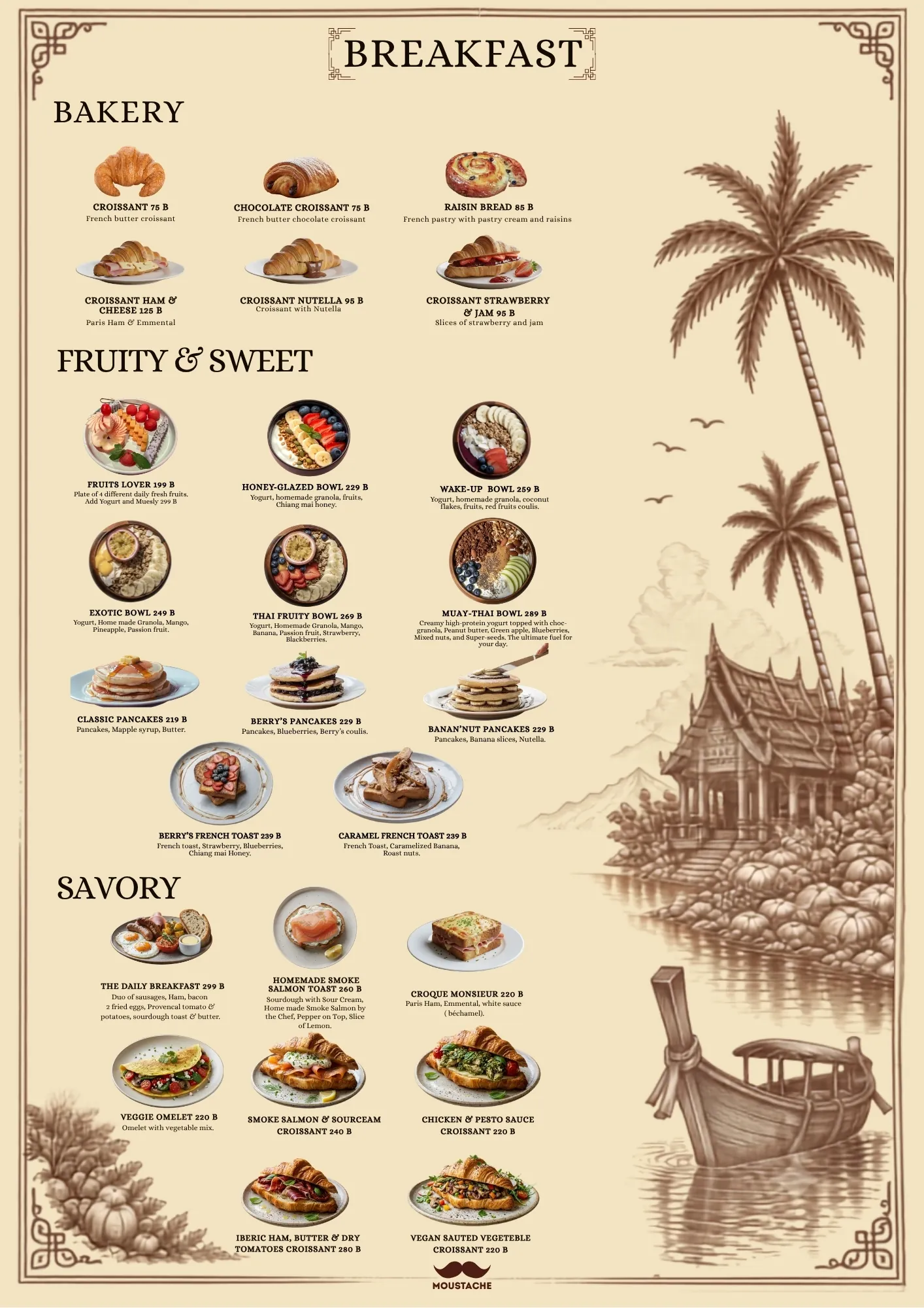 Menu page: breakfast, bakery, fruity and sweet, savory