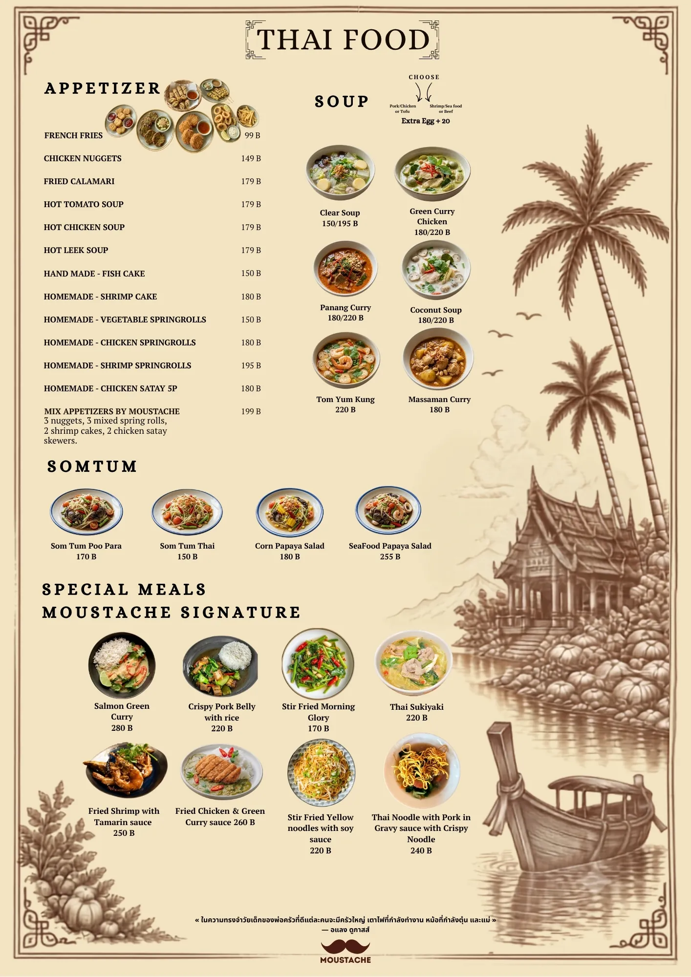Menu page: Thai food, appetizers, soups, som tum, Moustache signature meals